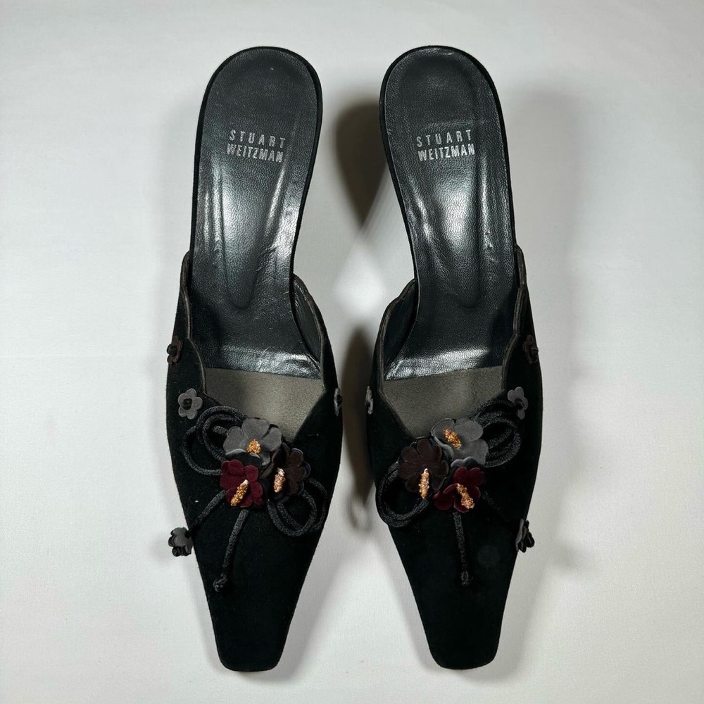 Stuart Weitzman Black Suede Floral Heels